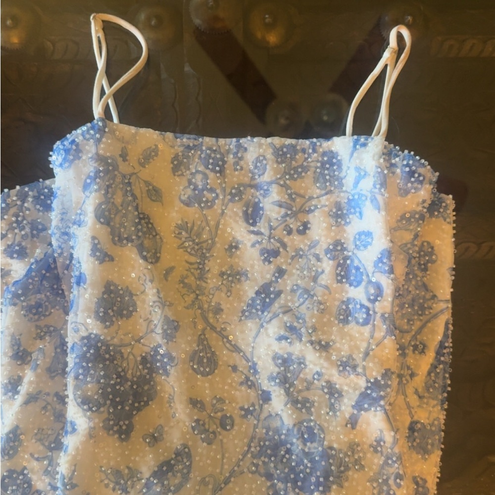 Floral Blue and White Spaghetti Strap Dress
